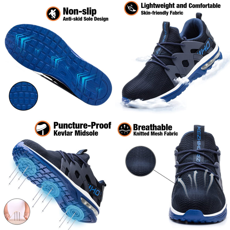 Kezhiho Steel Toe Shoes for Men Women Air Cushion Lightweight Work Shoes Comfortable Breathable Puncture Proof Slip Resistant Sneakers Indestructible Construction Industrial Safety Shoes 6.5 Women/5 Men D02303 Blue White