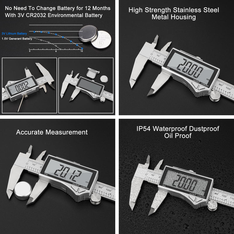 [Australia - AusPower] - Adoric Digital Caliper, Caliper Measuring Tool Stainless Steel Vernier Caliper Digital Micrometer with Large LCD Screen, Easy Switch from Inch Metric Fraction, 0-6" Caliper Tool for DIY/Household 6" Ss-large Lcd 