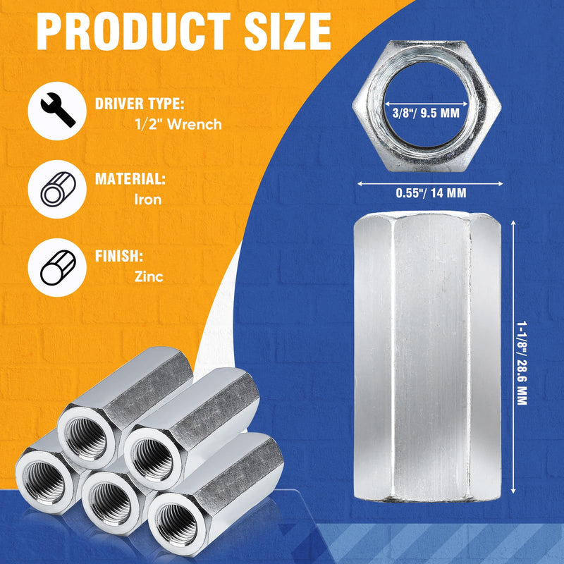 [Australia - AusPower] - 5 Pcs 014973322175 Coupling Nuts 3/8-24 x 1-1/8" Hex Coupling Nut with Zinc Plate Threaded Rod Connector 