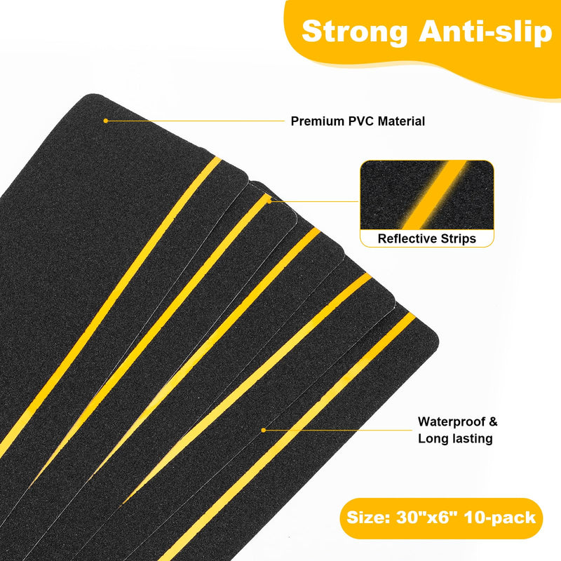 10-Pack 6" X 30" Anti-Slip Stair Treads with Reflective Strips, High Traction Non Skid Grip Tape for Outdoor Wooden Steps, Decks and Ramps