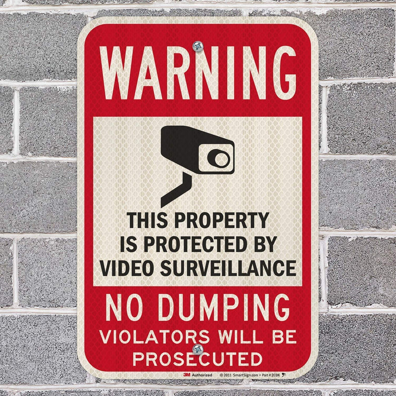 SmartSign-K-7484-HI Warning - Property Protected By Video Surveillance, No Dumping Sign By | 12" x 18" 3M High Intensity Grade Reflective Aluminum , Black/Red on White 3M Reflective Aluminum 10 Year Durability 18" x 12"