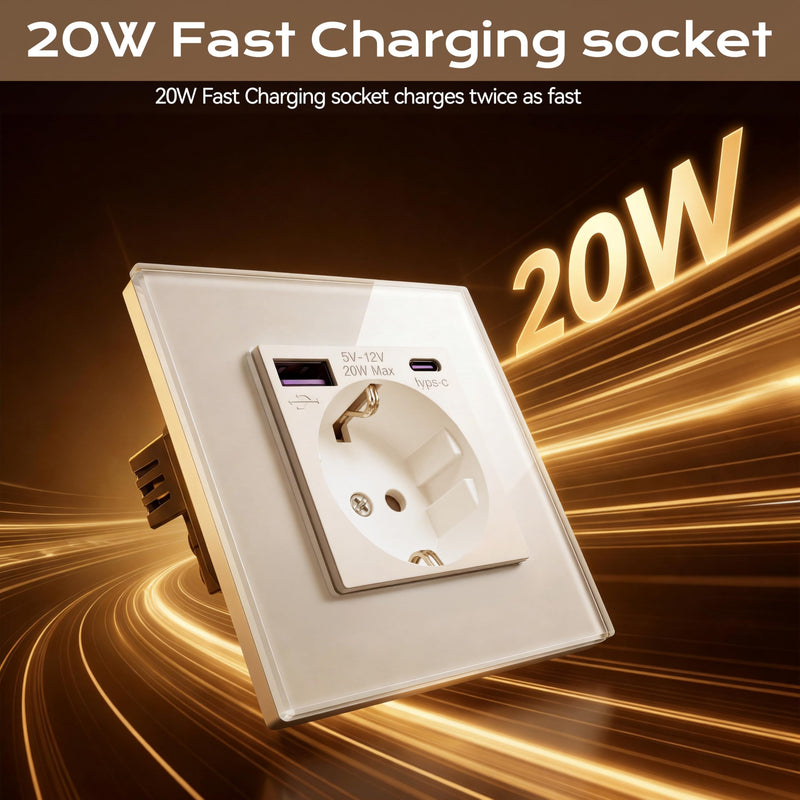 BSEED Glass Socket with 20 W USB C, Quick Charger Wall Socket, 3-in-1 Flush-Mounted Sockets, Easy Installation, 240 V 16 A, 86 mm, 1 Compartment, White 1-gang