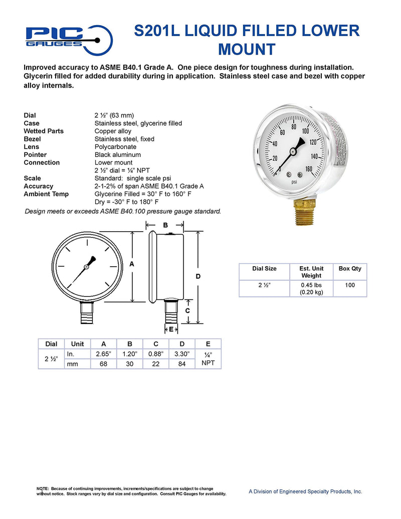 [Australia - AusPower] - PIC Gauge S201L-254R 0-5000 PSI Pressure Gauge, 2 1/2" Dial, 1/4" Male NPT Connection, Bottom Mount, Single Scale, Glycerin Filled, Stainless Steel Case/Bezel, Brass Internals & Plastic Lens 0 - 5,000 PSI 
