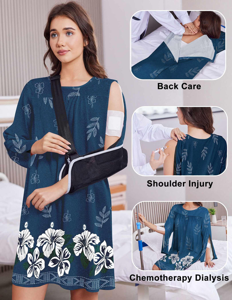 [Australia - AusPower] - Deyeek Hospital Gowns for Women Open Back Dress Long Sleeve Post Surgery Tear Away Snaps Adaptive Nightgowns with Arm Snaps Blue Print XX-Large 