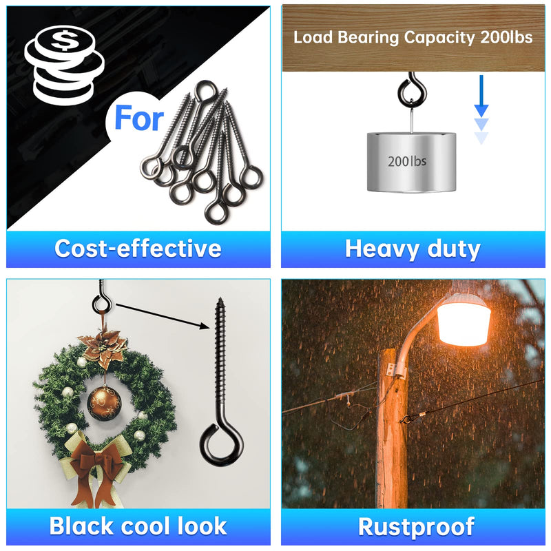 [Australia - AusPower] - Muzata 10Pack 3.3Inch M6 Black Screw Eye Hooks Stainless Steel Heavy Duty Screw for Wood Securing Cables Wire Terminal Ring Eyelet Stand Self Tapping Eye Bolt Indoor Outdoor CR18 10P 
