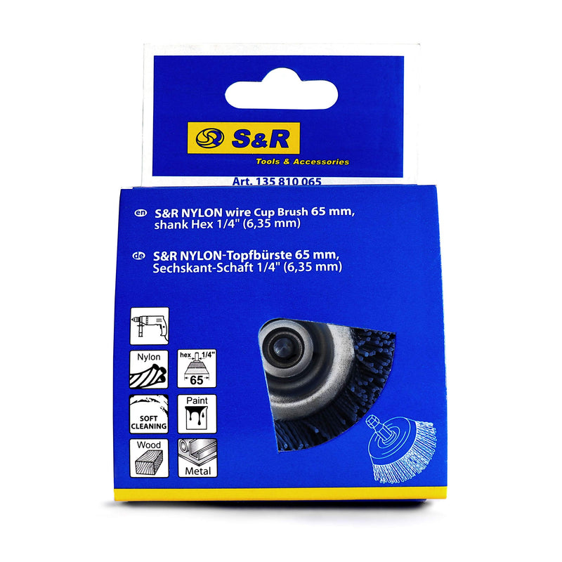 S&R Cup Brush Nylon Fine-Grained Diameter 65 mm Hexagonal Shaft 1/4 Inch (6.35 mm) | Brush for drill, wire brush with fine-grained nylon wire, cup brush nylon brush for grinding, removal work