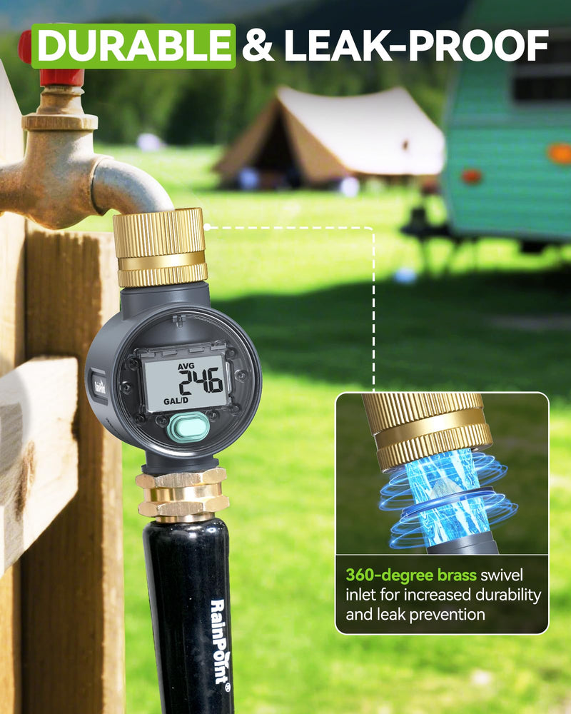 [Australia - AusPower] - RAINPOINT Water Flow Meter with Brass Inlet, Water Meter for RV Tank Filling, Garden Hose Watering, Lawn Sprinkler & Nozzle Sprayer, ±5% Accuracy, Max Measured Consumption of 9999.9 Gallon/Liter 