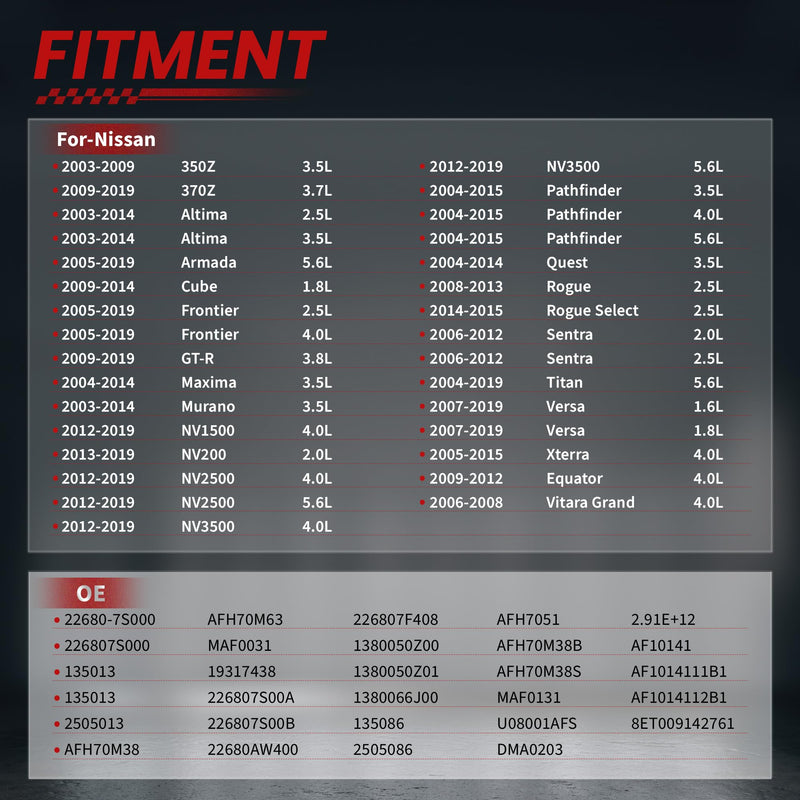 [Australia - AusPower] - Mass Air Flow Sensor Meter for-Nissan Altima 2004-2005 Sentra Maxima Murano 2003-2006 NV2500 NV3500 2012-2015 350Z for-Infiniti FX35 2003-2008 G35 V6 226807S00A AF10141 226807S000 
