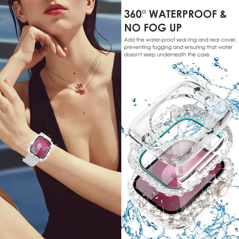 [Australia - AusPower] - Surace 2 in 1 Waterproof Bling Case Compatible for Apple Watch Series 9 Series 8 Series 7 41mm Screen Protector, Lace Edge Diamond Protective Bumper Face Cover for iWatch Accessories Women 41mm, Clear Waterproof-Clear 