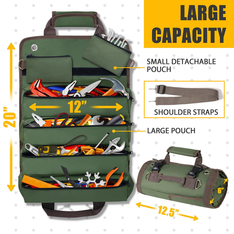 Roll Up Tool Bag, Heavy Duty Tool Organizer with 2 Detachable Zipper Pouches, Compact Durable Tool Storage for Men Women, Perfect for Handyman, RV Owners, Dad Birthday or Father’s Day Gifts