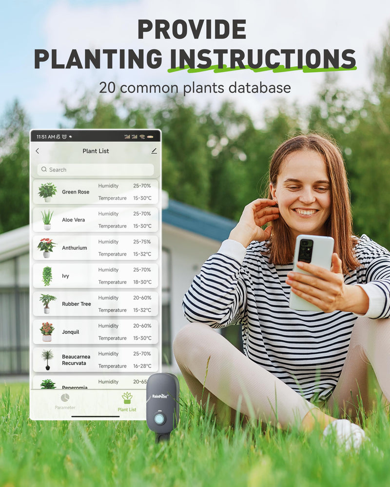 [Australia - AusPower] - RAINPOINT Bluetooth 2-in-1 Soil Moisture & Air Temp Meter, App Remote Monitoring, 20 Plant Database, Compatible with WiFi Hub TWG009 & Water Timer ITV102b 