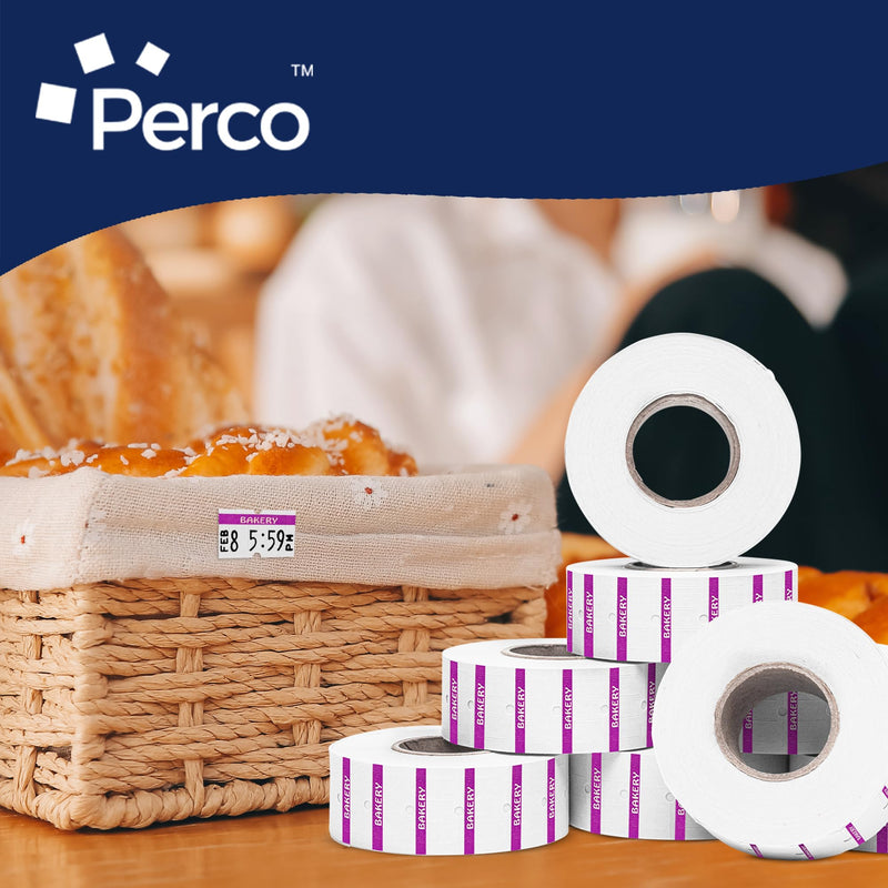 Perco 1 Line Purple Reverse Print on White Bakery Labels — 8,000 Labels for Perco Lite, X, Plus & Pro Guns—with Tamper-Proof Design for Marking Breads, Pastries, Cakes — 8 Rolls, 1 Sleeve—Made in USA