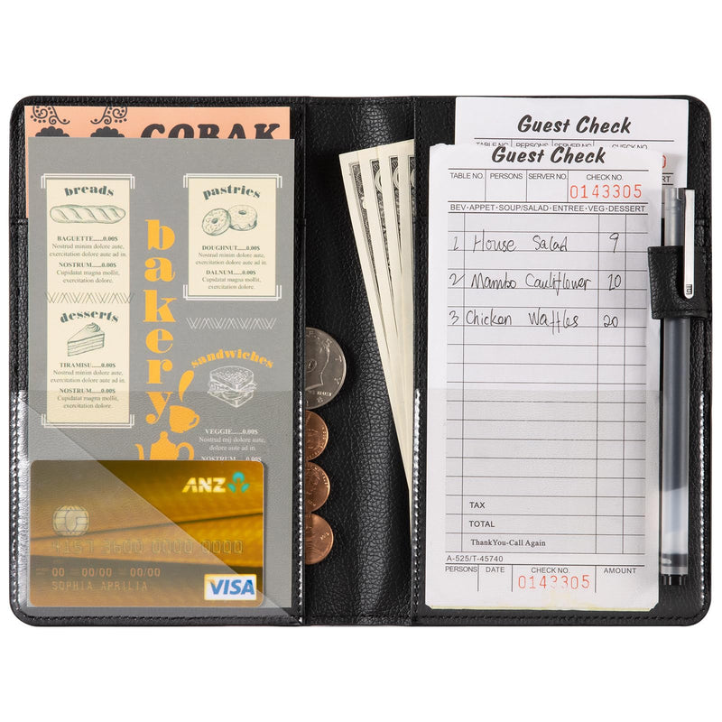 [Australia - AusPower] - CoBak Server Book - Leather Server Books for Waitress .Waitress Book Organizer with Clear Pockets,Money Pockets with Pen Holder Fit Server Apron *Classic-Black 