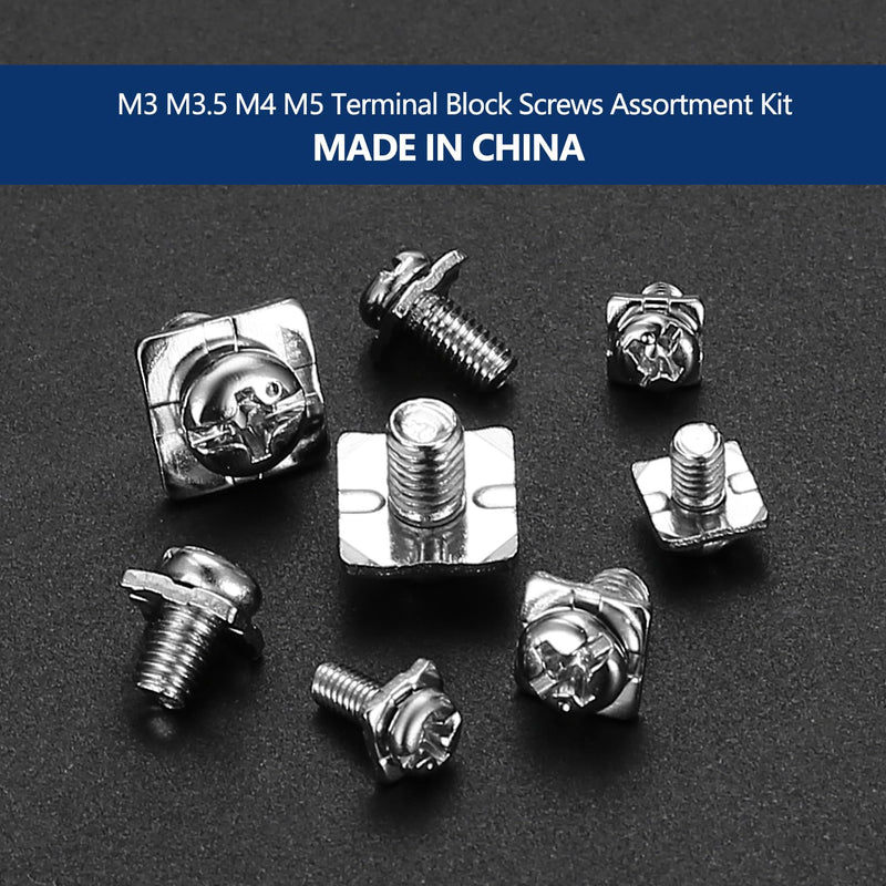 [Australia - AusPower] - 210 Pcs Terminal Block Screws, M3 M3.5 M4 M5 Terminal Screws Assortment Kit with Square Washers, for Fixing Wires in Electrical Ffacilities, Nickel-Plated Carbon Steel 