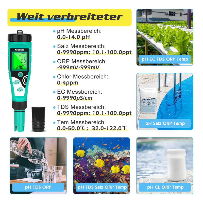 [Australia - AusPower] - UIUZMAR Pool Chlorine and pH Meter, Digital Salt Content and ORP Meter, 7 in 1 Water Tester Measures PH, Free Chlorine, Salt, ORP, EC, TDS and Temperature for Aquariums, Hydroponics and Hot Tubs 7 in 1 pH chlorine meter 