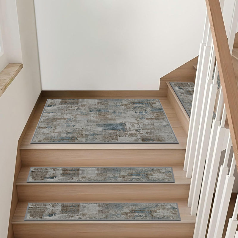 Non-Slip Carpet Stair Treads 4PCS, 8"x30" Peel and Stick Stair Runner for Wooden Steps Indoor, Washable Reusable Adhesive Backing, Pet-Friendly Safety Mats for Kids, Elders, Dogs 8inch x 30inch Slate Blue l Olive Brown 4