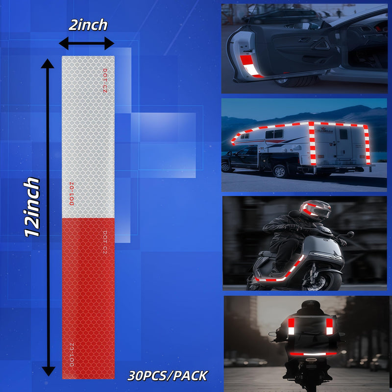Reflective Tape 30 PCS - 2"x12" Red/White DOT-C2 Waterproof Self-Adhesive Safety Stickers, High-Strength Reflector Tape for Trucks/Trailers/Bikes/Construction/Police/Outdoor Warning Signs