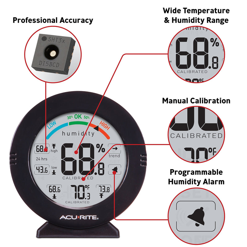 AcuRite 01080M Pro Accuracy Temperature and Humidity Gauge with Alarms, Black Humidity Meter