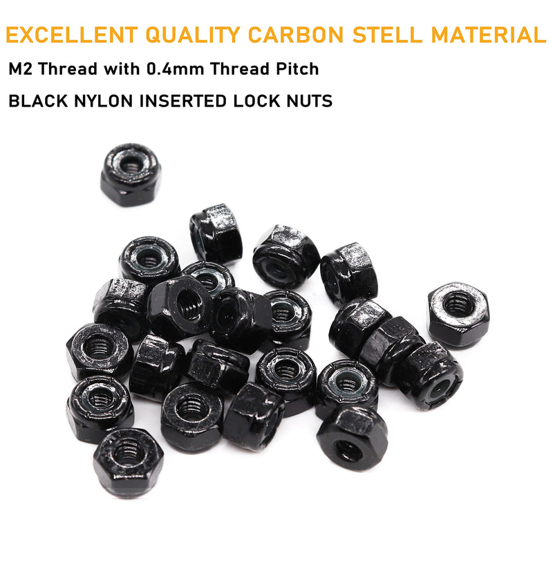 [Australia - AusPower] - binifiMux 100Pcs M2 x 0.4mm Black Nylock Nuts Hex Nylon Insert Self Lock Nuts, Carbon Steel 4.8 Grade, DIN985, Zinc Plated 