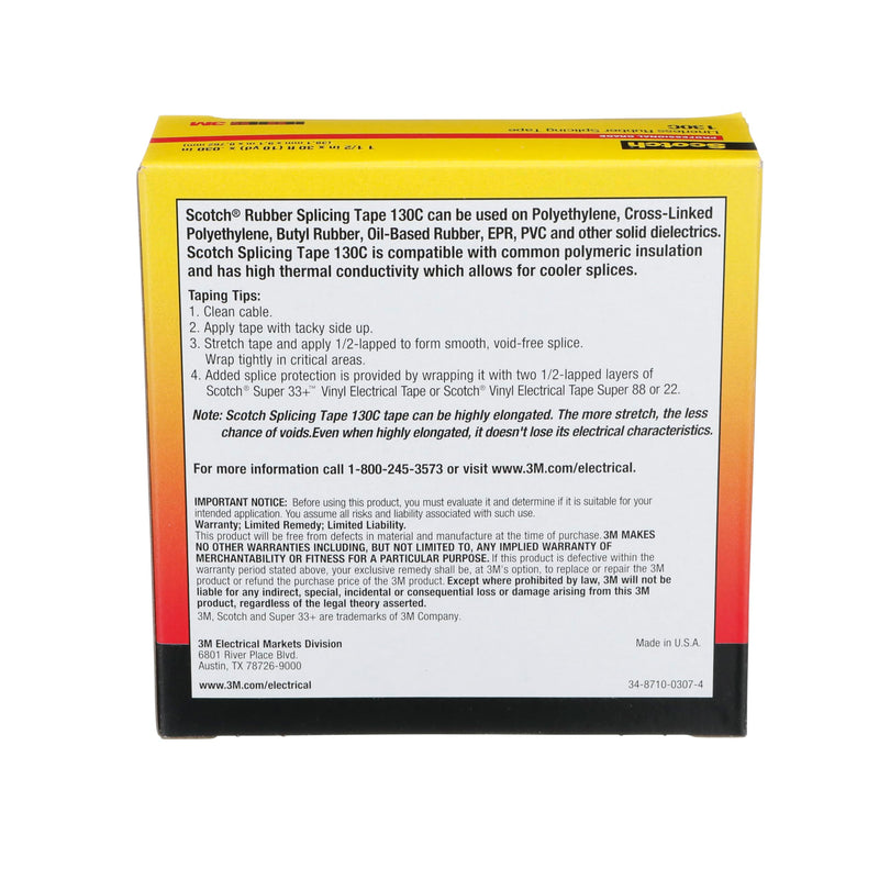 3M Scotch Linerless Electrical Splicing Tape 130C for Wires and Cables, 1-1/2 in x 30 ft, Rubber Backing, Self Fusing, UV Resistance, Highly Conformable, Moisture Seal, Black, 1 Roll