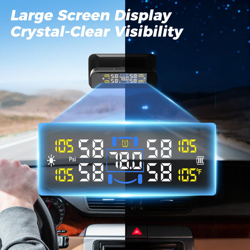 [Australia - AusPower] - 4 Sensors TPMS Tire Pressure Monitoring System, 6 Smart Safety Alerts, Adaptive Bright LCD, Solar/USB Charging, 0-6 Bar/87 PSI, Easy to Intall on Windshield for Car SUV MPV Trailer Truck 4 Sensor 0-87Psi 