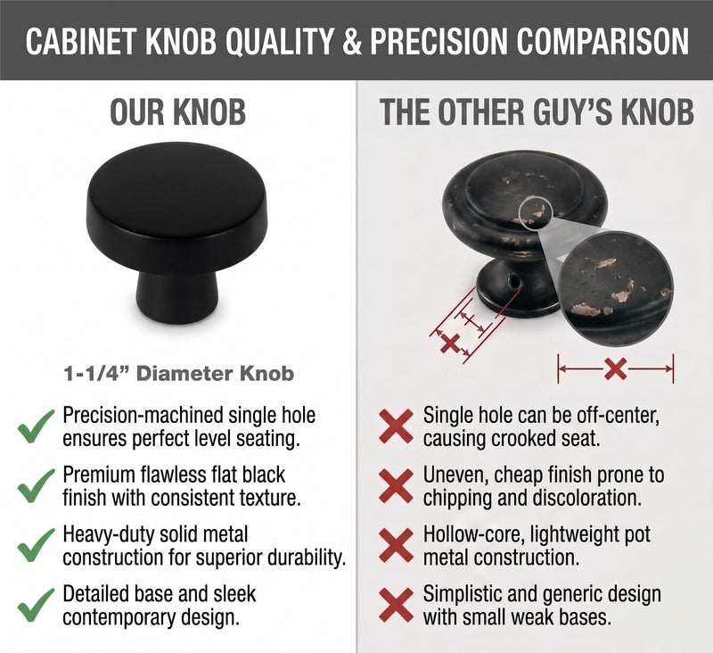 Cosmas 10 Pack 5234FB Flat Black Cabinet Knobs - Matte Black Round Cabinet Knob 1-1/4 Inch, Solid Zinc Metal, Kitchen Drawer Dresser Knob, Contemporary Hardware, Screws Included