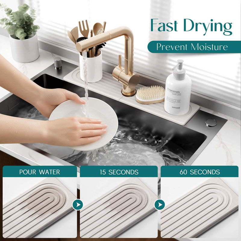 Large Faucet Mat for Kitchen Sink - Stone Drying Mat for Kitchen Counter, Diatomite Fast Drying Stone Sink Tray, Super Absorbent, Stylish Decor and Protector for Bathroom (Light Grey, 23.6" x 5.5") Light Grey 23.6" x 5.5"