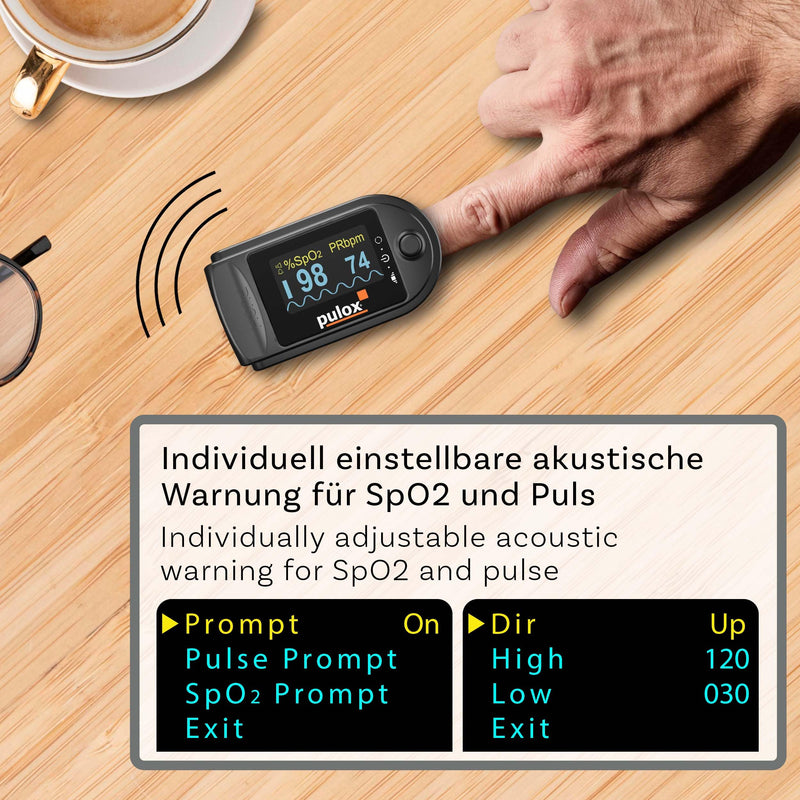 Pulse oximeter PULOX PO-200A with switchable alarm function and pulse tone incl. Accessories *Colour selection possible, black | With pulse sound, warning function and accessory kit to control oxygen saturation, heart rate and perfusion index