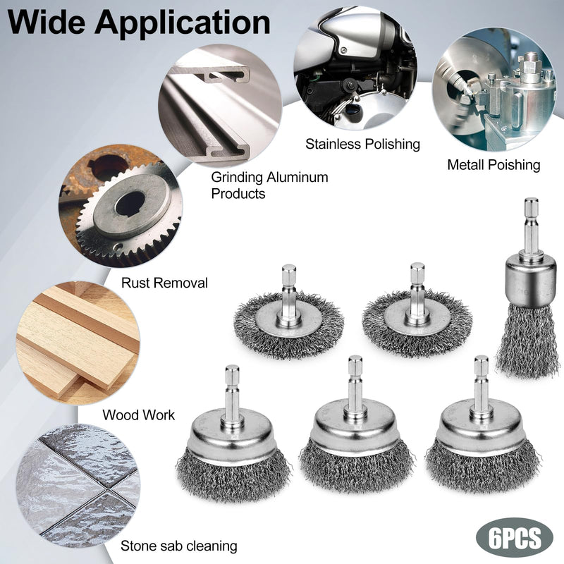 [Australia - AusPower] - 6PCS Professional Wire Wheel Brush Set, Carbon Steel Cup Wire Brush for Drill with 1/4 Inch Hex Shank, Wire Brushes Drill Attachments for Cleaning Rust Removal, Corrosion & Scrub Surfaces, Drill Brush 