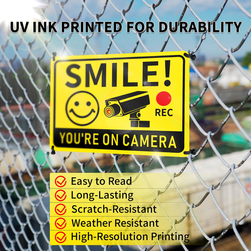 2 Pack Smile You're on Camera Signs – Video Surveillance Signs Outdoor, 10"x7" Rust-Free Aluminum Warning Sign, UV Printed Weatherproof Security Camera Sign for Home, Business, Fence, Driveway, CCTV 2-Pack