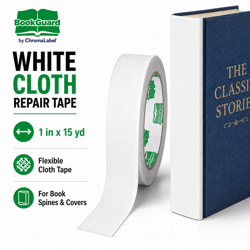 BookGuard 1 Inch White Book Binding Tape, Flexible Cloth Book Repair Tape for Spines, Covers, Textbooks, Hymnals, Bibles and Library Books, 15 Yard Roll 1" Wide
