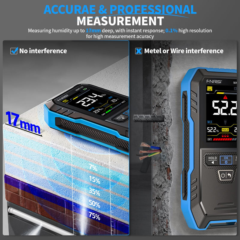 [Australia - AusPower] - FNIRSI WMT-10 Pinless Wood Moisture Meter, Rechargable Moisture Meter for Wood, Wall, Firewood, Support Data Hold and Record, Flashlight, Humidity Detector for Lumber Concrete Building Blue 