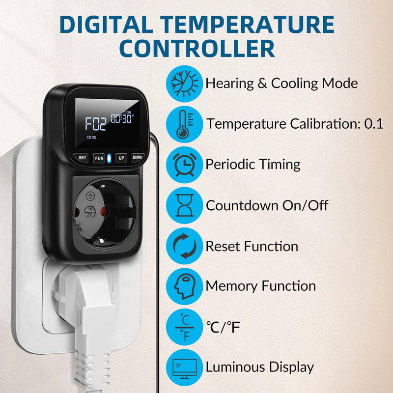 [Australia - AusPower] - Digital Temperature Controller Socket, 230 V Thermostat Socket with 2 m Sensor, Heating, Cooling Temperature Switch, Thermostat Socket, Temperature Switch for Greenhouse, Aquarium, Fridge Black 