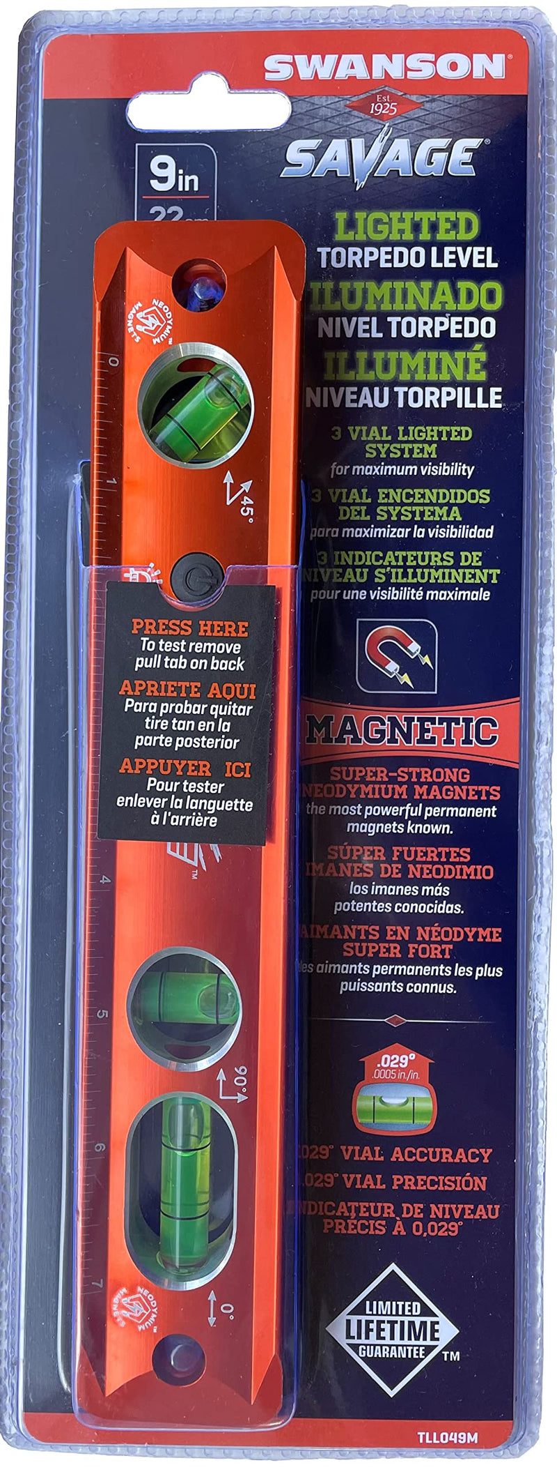 [Australia - AusPower] - Swanson Tool Co TLL049M Savage Lightning Aluminum Torpedo Magnetic Illuminated Levels, 9", 3 Vials 9" 9" Illuminated Magnetic 