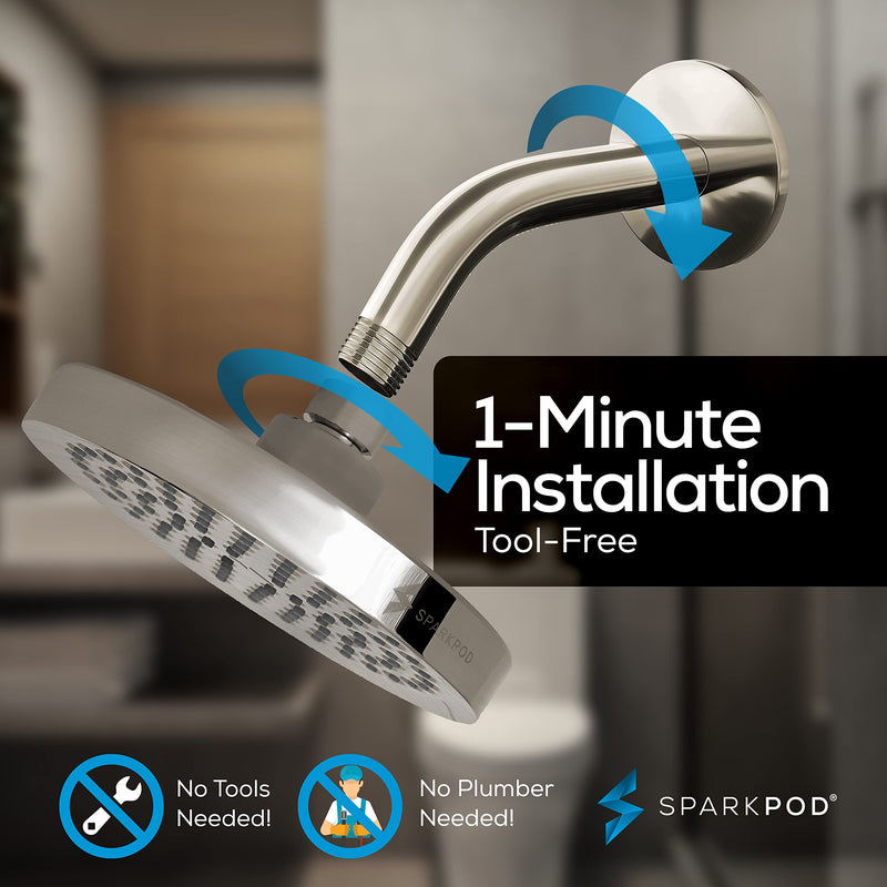 SparkPod 6" Rain Shower Head With 6" Shower Arm - High Pressure Rainfall Experience - No Hassle Tool-less 1-Min Installation - Enjoy Energy Saving Longer Hot Showers - Gain Space & Style - Durability Shower Head + 6 Inch Shower Arm