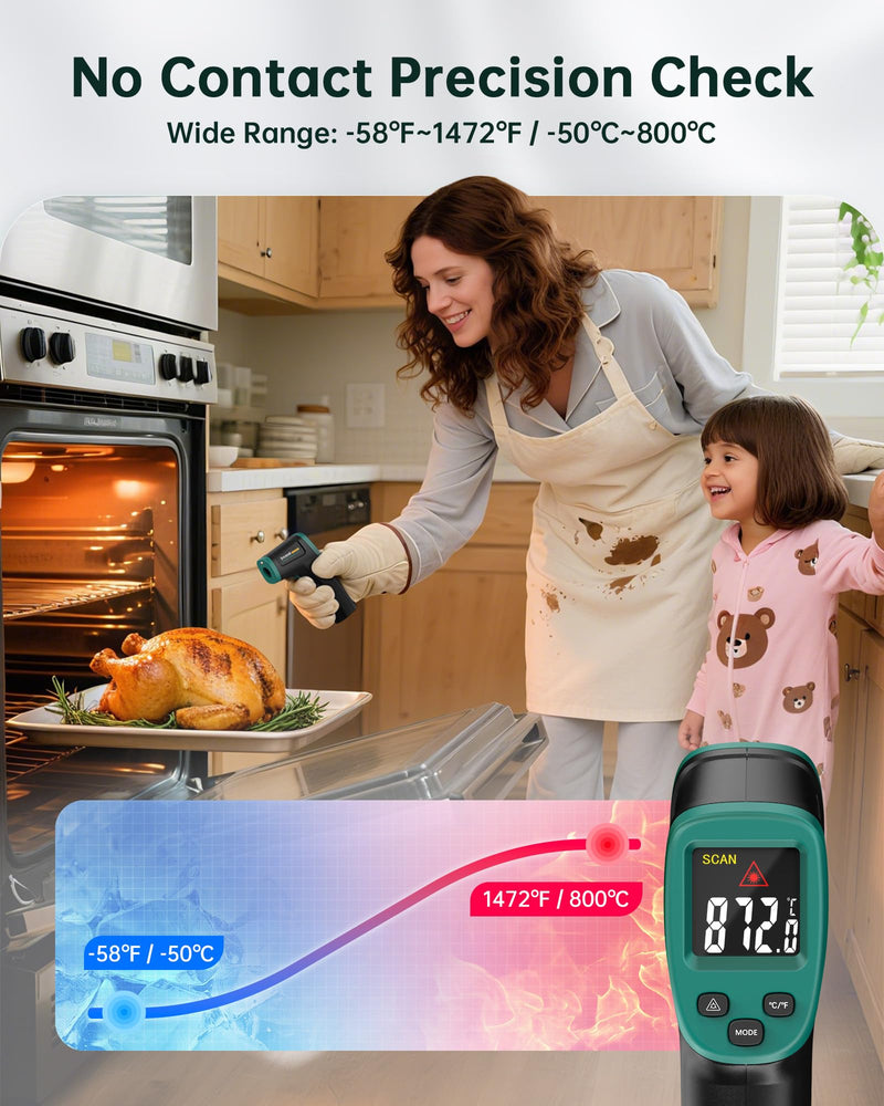 [Australia - AusPower] - ERICKHILL ROOKMAX Infrared Thermometer Gun, Non-Contact Laser, Adjustable Emissivity, Color LCD, -58°F to 1472°F (-50°C to 800°C), for HVAC, Cooking & BBQ, Automotive, Freezer - Dark Green 