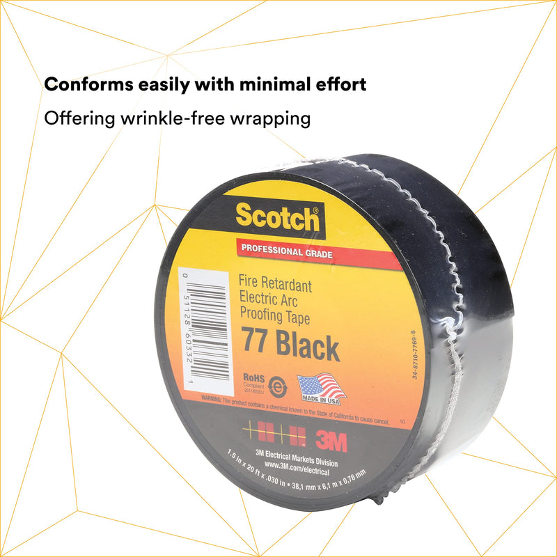 3M Scotch Fire-Retardant Electric Arc Proofing Tape 77, 3 in x 20 ft, Black, 1 Roll, UL Listed and RoHS 2011/65/EU Compliant 3" x 20'