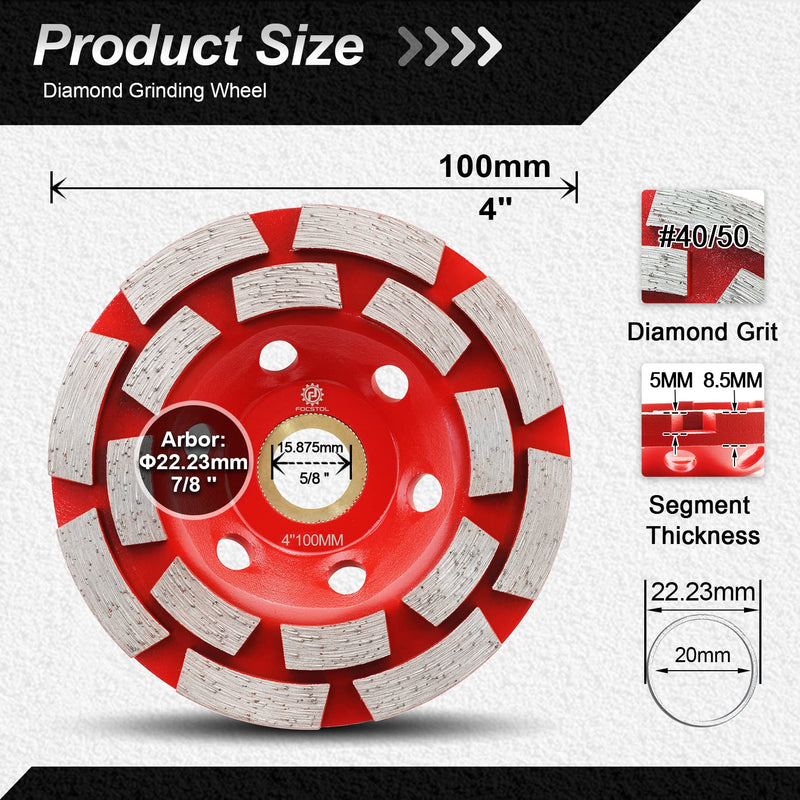 [Australia - AusPower] - FOCSTOL Diamond Cup Wheel - 100 mm x 22.23 mm Double Row Grinding Wheel for Concrete Granite Marble Masonry Artificial Stone for Angle Grinder 100mm doppelt 