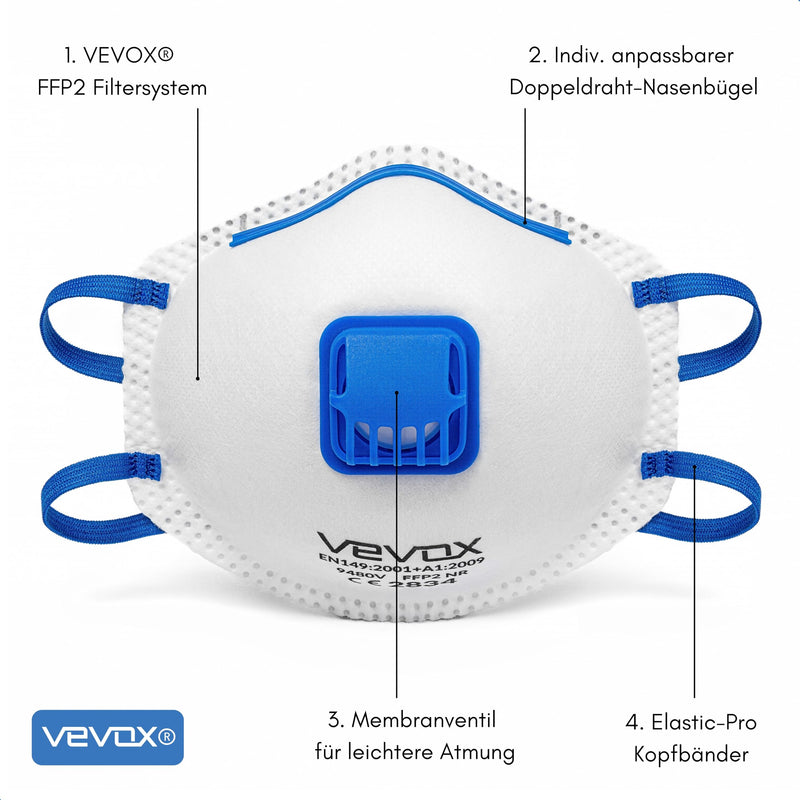 [Australia - AusPower] - VEVOX® FFP2 Mask with Valve - Set of 5, 10 or 20 - Dust Mask - Respirator Mask - Dust Mask - Fine Dust Mask - Respirator Protection e.g. Against Fine Dust, Abrasive Dust or Building Dust 5 stück (1er Pack) 