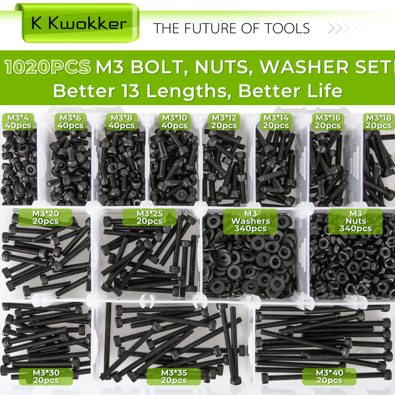 [Australia - AusPower] - 1023PCS M3 Hex Socket Machine Screws + 1485Pcs M3 M4 M5 M6 Hex Flat Head Metric Bolt Assortment 