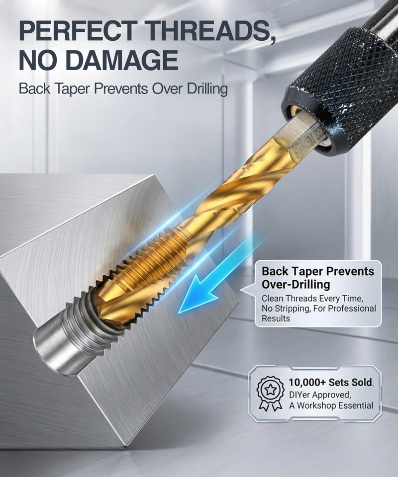 Combination Drill Tap Bit Set, 13-Pcs HSS Titanium-Coated SAE & Metric 3-in-1 Bits for Drilling, Tapping & Countersinking, 1/4" Hex Shank, Quick-Change Adapter, Storage Case for Metal, Wood Drill and Tap Bit Set 13pcs