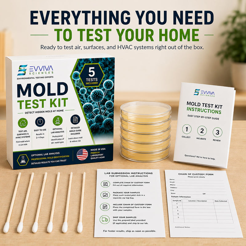 Evviva Sciences Mold Test Kit for Home - 5 Simple Detection Tests w/Optional Lab Analysis (Extra Fee), Test HVAC System, Home Surfaces, & Indoor Air Quality - Downloadable Mold Information Guide