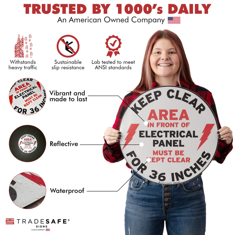 [Australia - AusPower] - TRADESAFE Keep Electrical Panel Clear Anti-Slip Floor Sticker - Area in Front of Electrical Panel Must Be Kept Clear for 36", Peel and Stick Adhesive Vinyl, ANSI-Compliant, 17” Diameter Round Sticker 