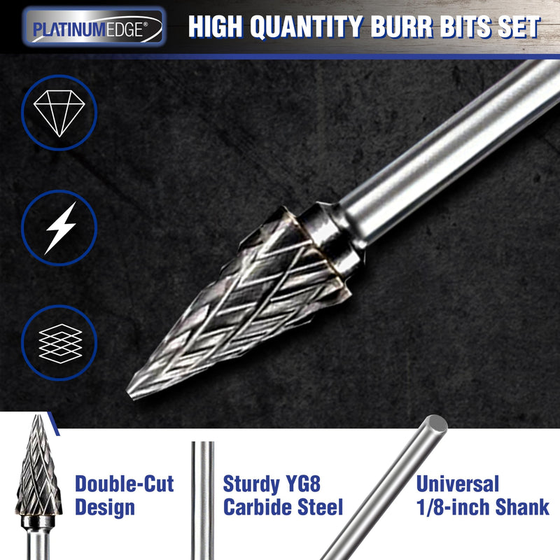 PLATINUMEDGE 20-Piece Carbide Burr Set, Double Cut Tungsten Carbide Rotary Bits with 1/8" Shank – High-Speed Metal Grinding, Carving, Polishing & Engraving for Wood, Stone, Steel, Plastic