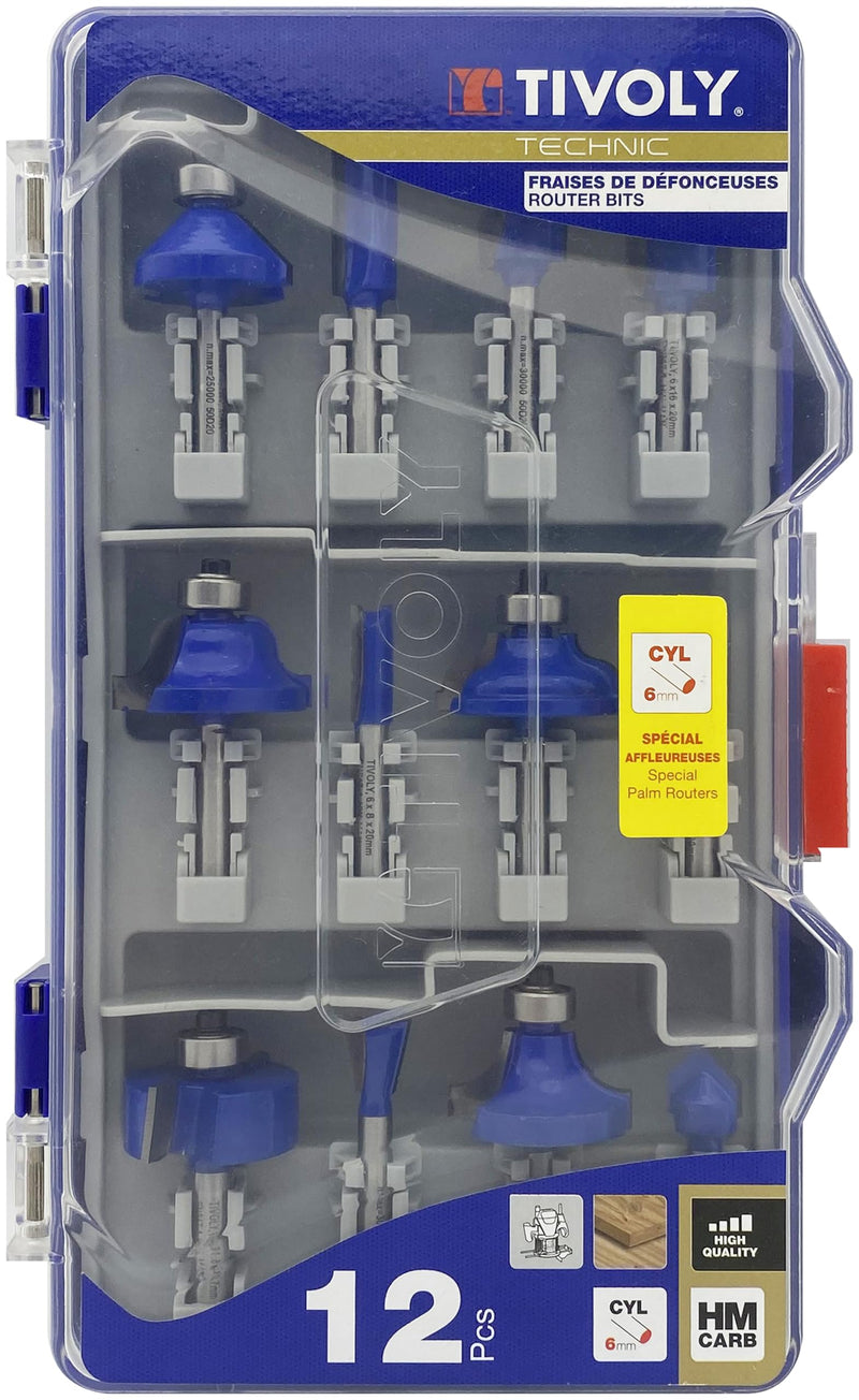 TIVOLY - Multi Shape Router Bit Set 6 pieces- 5/46" -8mm Shank - Carbide Blade - 2 Straight Bit - 1 round over Bit - 1 Dovetail Bit - 1 Chamfer Bit - 1 Core Box Bit