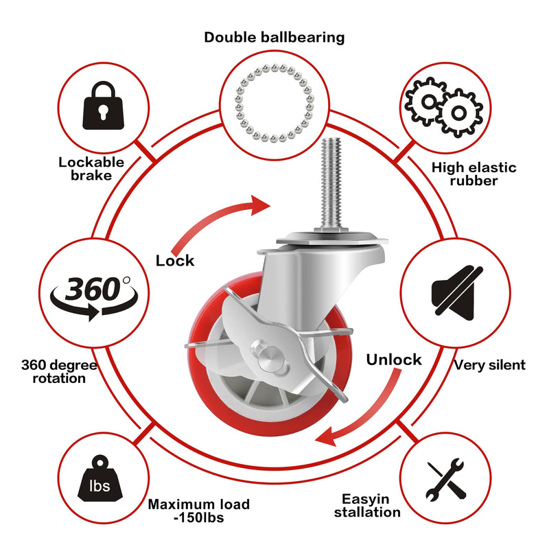 [Australia - AusPower] - 3 Inch Heavy Duty Stem Casters Swivel Wheels with Brake - 3/8" -16 x 1-1/2" (Stem Diameter 3/8", Stem Length 1-1/2"),Set of 4 with Locking Threaded Stem Caster Wheels - Load 600lbs 