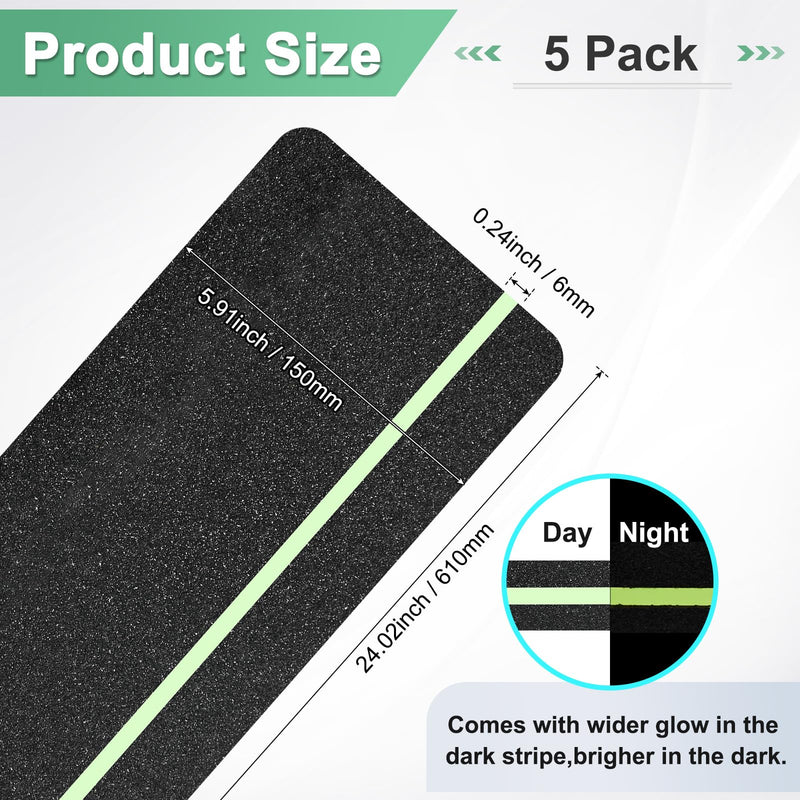 M METERXITY 5-Pack Anti Slip Traction Tape 24" x 6" Best Grip Tape Grit with 6mm/0.24" Glow in Dark Stripe High Traction Friction Abrasive Adhesive for Indoor/Outdoor Stairs[Black+Green]