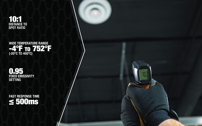 [Australia - AusPower] - Southwire 31011F, 750◦F 10:1 Distance to Spot Infrared Thermometer, Temperature Range -4F to 752F (-20C to 400C), Emissivity Fixed at 0. 95, Data Hold 