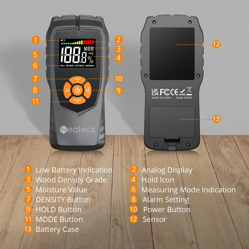 [Australia - AusPower] - Neoteck Pinless Moisture Meter Non-Destructive Wood Moisture Meter Wood Moisture Detector with LCD Display Sound Alarm for Walls, Drywall, Wood, Masonry, Woodworking, Plaster, Floor, Concrete 
