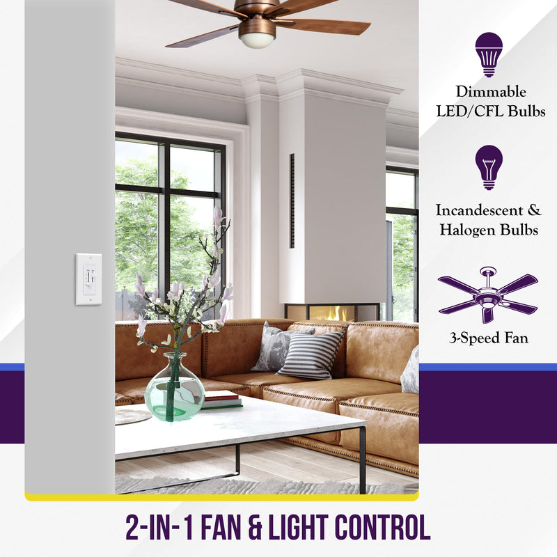 [Australia - AusPower] - ENERLITES 3 Speed Ceiling Fan Control and Dimmer Light Switch, 2.5A Single Pole Light Fan Switch, 300W Incandescent Load, No Neutral Wire Required, 17001-F3-W, 120 Volts (AC), White, 2 Pack 